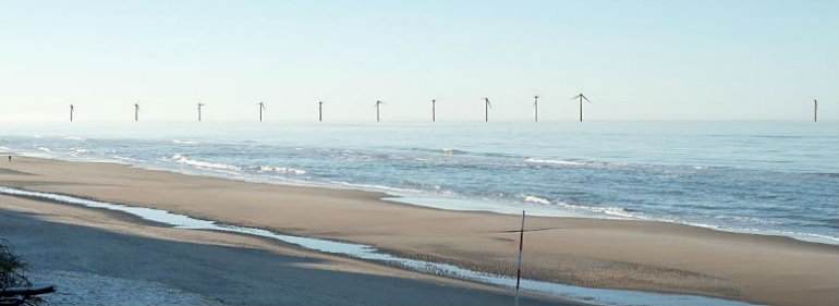 Visualisering af Vesterhav Syd-projektet i afstand af ca. 6 km – 189 m høje møller.<br />Foto: Vattenfall