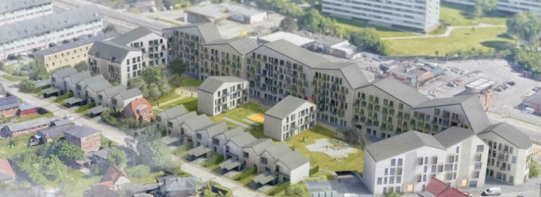 I Eriksen Arkitekters visualisering af det fremtidige boligområde i det nordlige Aarhus er det nu udbrændte, bevaringsværdige hus (rødt på billedet) tænkt ind i helhedsplanen.<br />Foto: Visualisering: Eriksen Arktikter